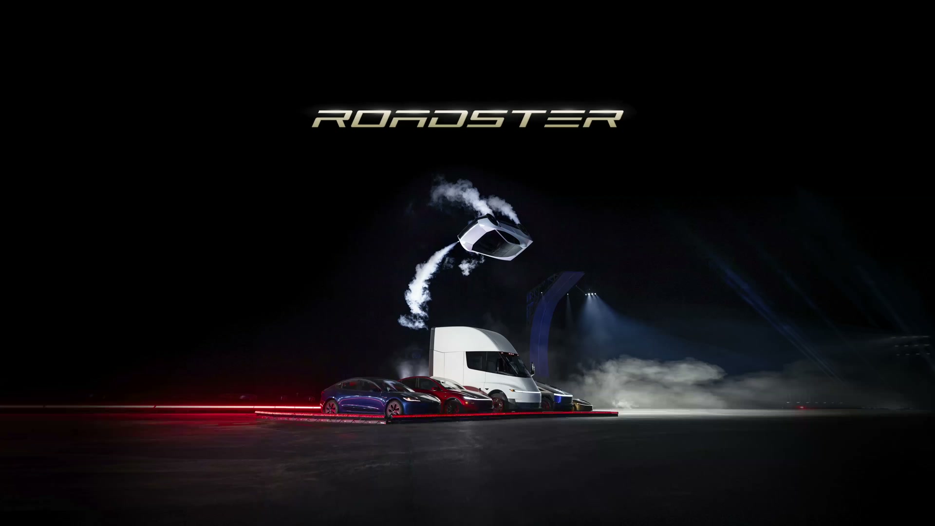 The Roadster airborne above the Tesla fleet during the unveiling