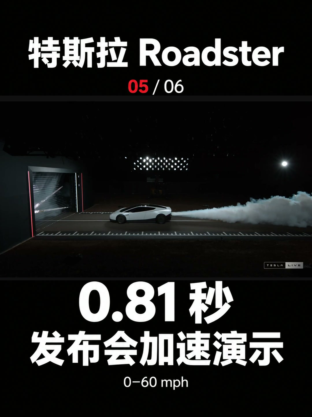 0–60 mph 仅 0.81 秒?Roadster 加速演示回看,中文竖版封面